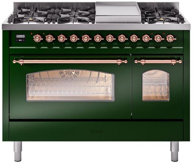 ILVE Nostalgie II 48-Inch Dual Fuel Freestanding Range in Emerald Green with Copper Trim (UP48FNMPEGPLP)