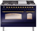 ILVE Nostalgie II 48-Inch Dual Fuel Freestanding Range in Midnight Blue with Brass Trim (UP48FNMPMBGLP)