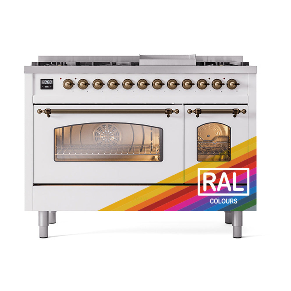 ILVE Nostalgie II 48-Inch Freestanding Natural Gas Dual Fuel Range in Custom RAL with Bronze Trim (UP48FNMPRAB)