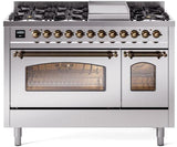 ILVE Nostalgie II 48-Inch Freestanding Natural Gas Dual Fuel Range in Stainless Steel with Bronze Trim (UP48FNMPSSB)