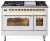 ILVE Nostalgie II 48-Inch Freestanding Natural Gas Dual Fuel Range in White with Brass Trim (UP48FNMPWHG)