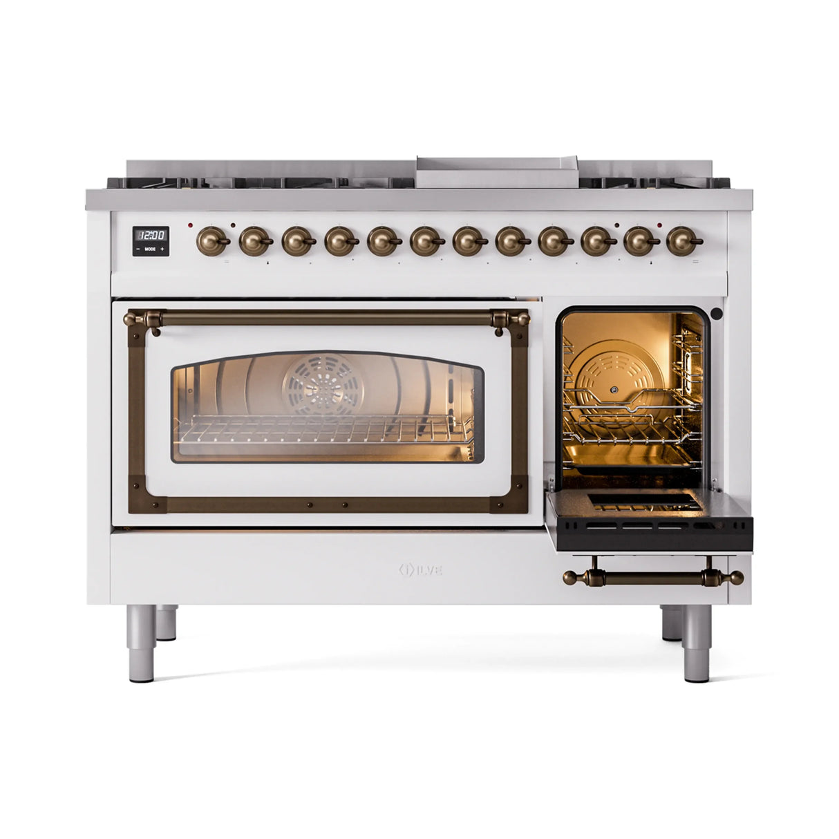 ILVE Nostalgie II Noblesse 48-Inch Freestanding Natural Gas Dual Fuel Range in White with Bronze Trim (UN48FNMPWHB)