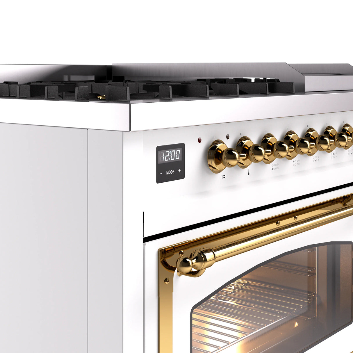 ILVE Nostalgie II Noblesse 48-Inch Freestanding Natural Gas Dual Fuel Range in White with Brass Trim (UN48FNMPWHG)