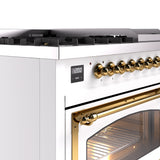 ILVE Nostalgie II Noblesse 48-Inch Freestanding Natural Gas Dual Fuel Range in White with Brass Trim (UN48FNMPWHG)