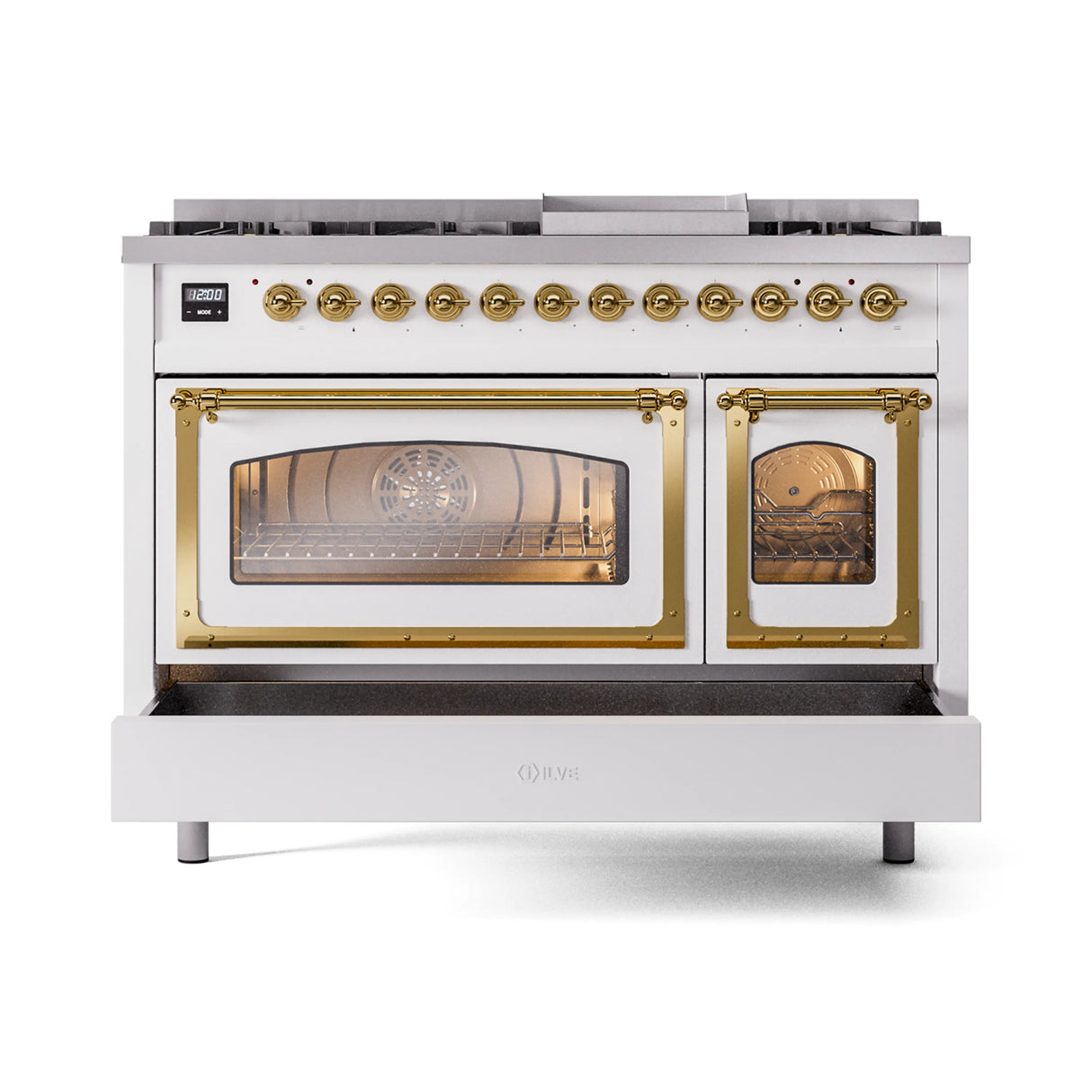 ILVE Nostalgie II Noblesse 48-Inch Freestanding Natural Gas Dual Fuel Range in White with Brass Trim (UN48FNMPWHG)