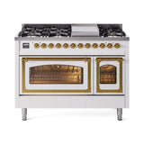 ILVE Nostalgie II Noblesse 48-Inch Freestanding Natural Gas Dual Fuel Range in White with Brass Trim (UN48FNMPWHG)