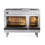 ILVE 48-inch Professional Plus II Natural Gas Dual Fuel Range with 8 Burners, Griddle, and Solid Door Oven in Stainless Steel (UP48FQMPSS)