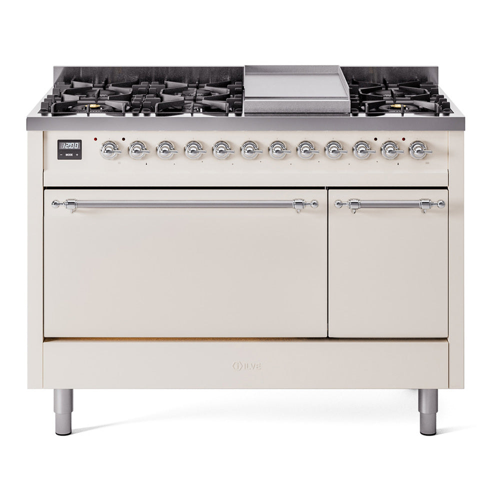 ILVE 48-Inch Nostalgie II Natural Gas Dual Fuel Range with 8 Burners, Griddle, and Solid Door Oven in Antique White with Chrome Trim (UP48FQNMPAWC)