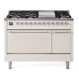 ILVE 48-Inch Nostalgie II Natural Gas Dual Fuel Range with 8 Burners, Griddle, and Solid Door Oven in Antique White with Chrome Trim (UP48FQNMPAWC)