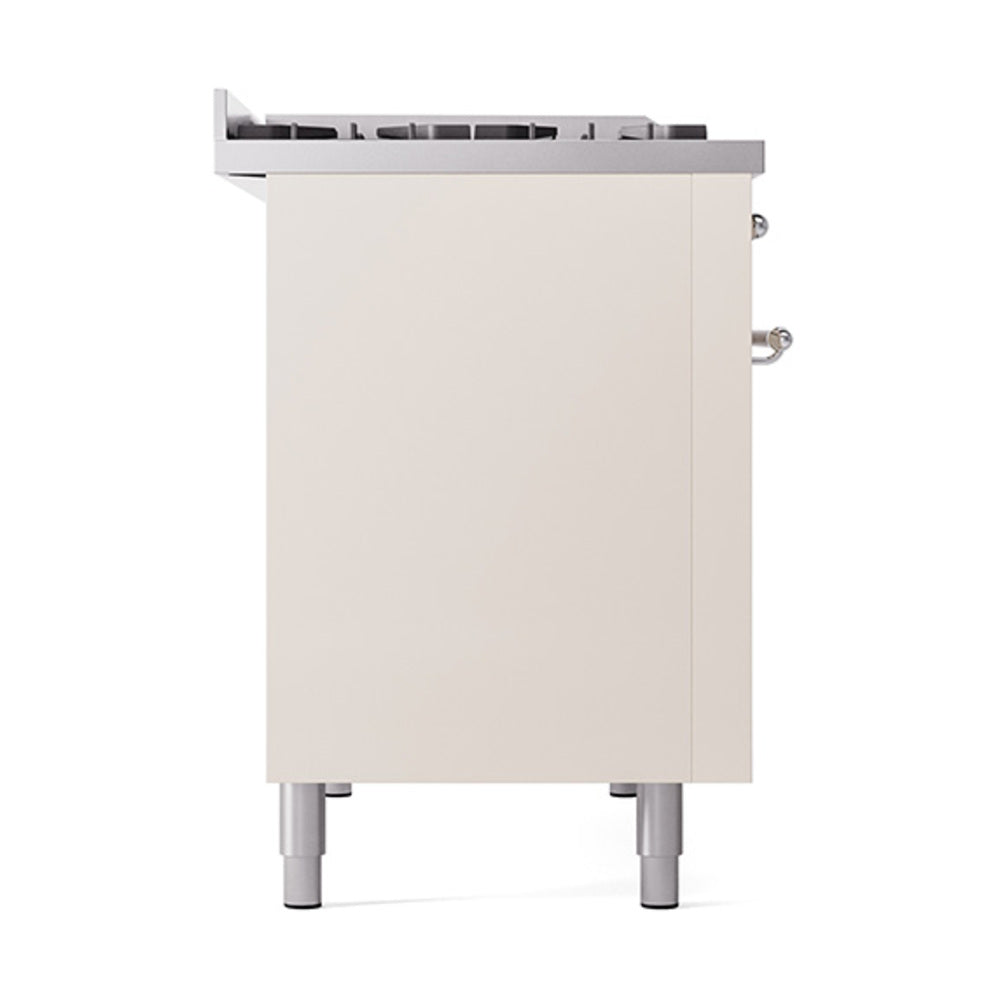 ILVE 48-Inch Nostalgie II Propane Gas Dual Fuel Range with 8 Burners, Griddle, and Solid Door Oven in Antique White with Chrome Trim (UP48FQNMPAWCLP)
