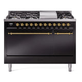 ILVE 48-Inch Nostalgie II Natural Gas Dual Fuel Range with 8 Burners, Griddle, and Solid Door Oven in Glossy Black with Brass Trim (UP48FQNMPBKG)