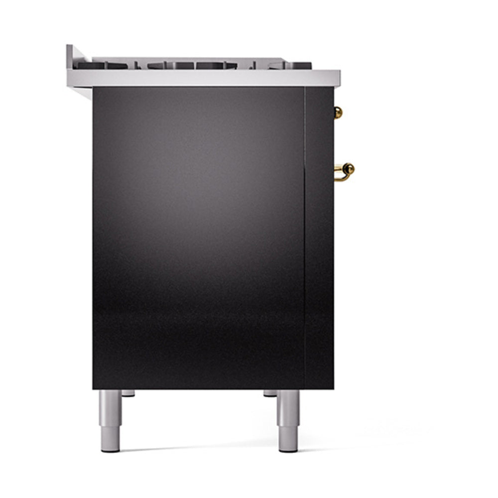 ILVE 48-Inch Nostalgie II Propane Gas Dual Fuel Range with 8 Burners, Griddle, and Solid Door Oven in Glossy Black with Brass Trim (UP48FQNMPBKGLP)