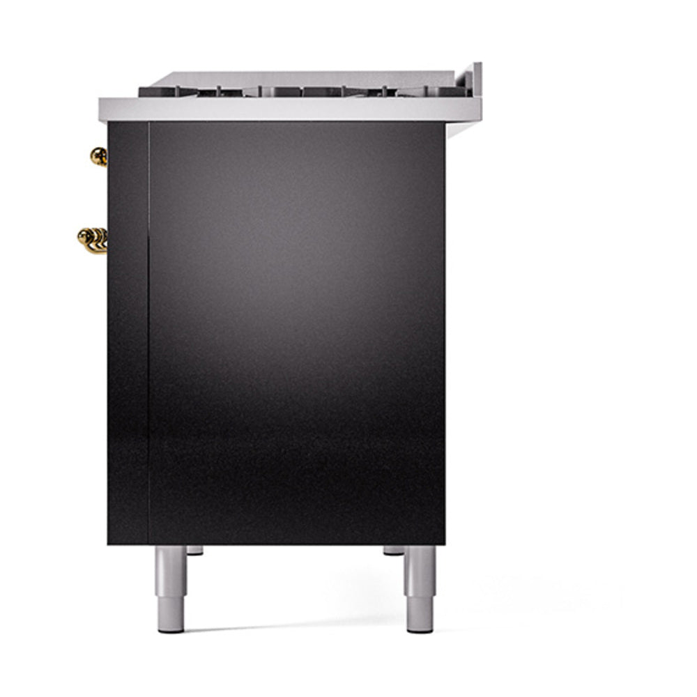 ILVE 48-Inch Nostalgie II Natural Gas Dual Fuel Range with 8 Burners, Griddle, and Solid Door Oven in Glossy Black with Brass Trim (UP48FQNMPBKG)