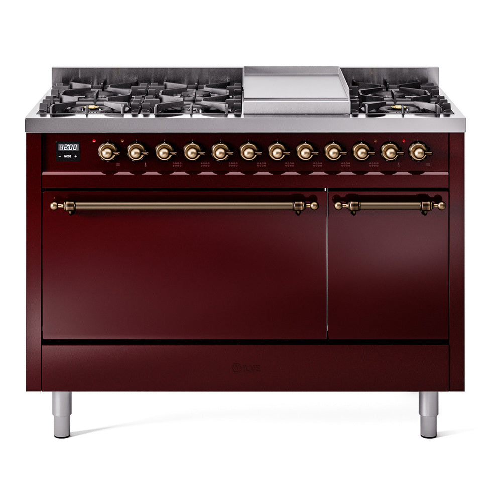 ILVE 48-Inch Nostalgie II Propane Gas Dual Fuel Range with 8 Burners, Griddle, and Solid Door Oven in Burgundy with Bronze Trim (UP48FQNMPBUBLP)