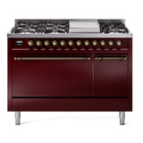 ILVE 48-Inch Nostalgie II Propane Gas Dual Fuel Range with 8 Burners, Griddle, and Solid Door Oven in Burgundy with Bronze Trim (UP48FQNMPBUBLP)
