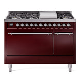 ILVE 48-Inch Nostalgie II Natural Gas Dual Fuel Range with 8 Burners, Griddle, and Solid Door Oven in Burgundy with Chrome Trim (UP48FQNMPBUC)
