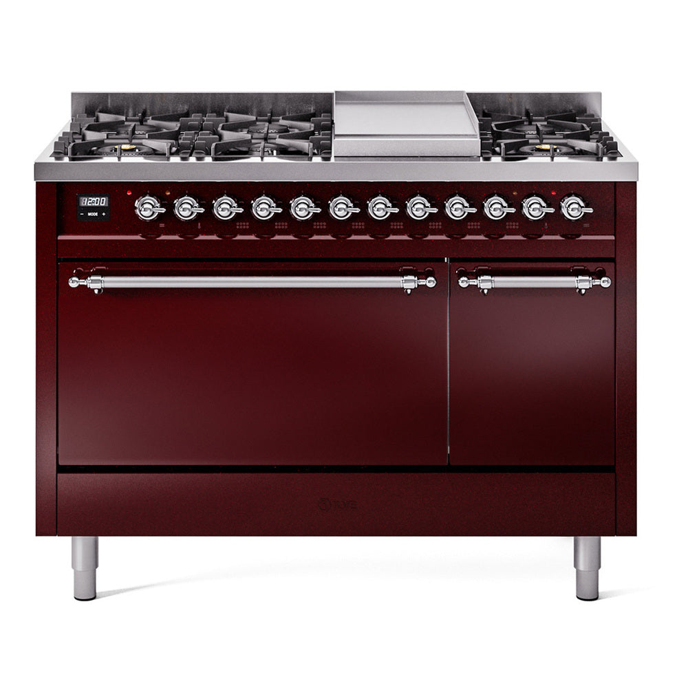 ILVE 48-Inch Nostalgie II Propane Gas Dual Fuel Range with 8 Burners, Griddle, and Solid Door Oven in Burgundy with Chrome Trim (UP48FQNMPBUCLP)