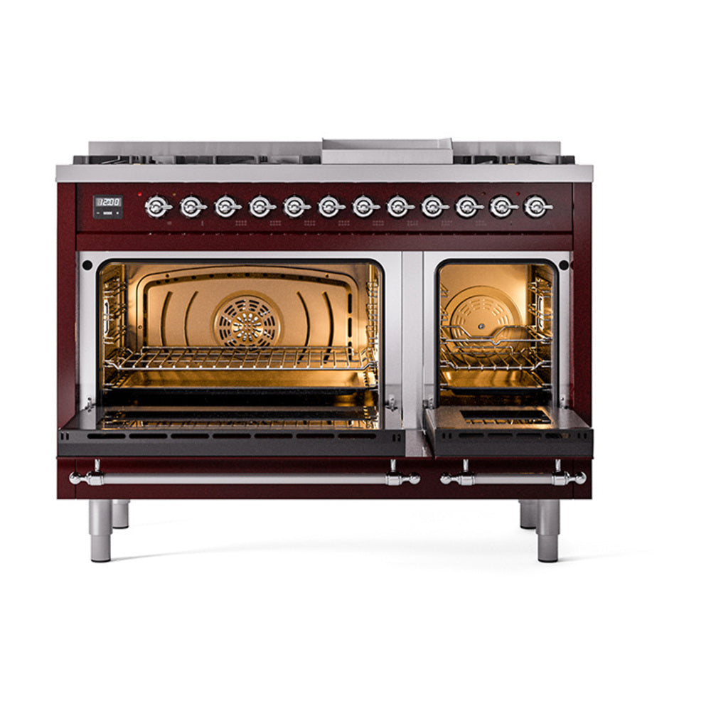 ILVE 48-Inch Nostalgie II Natural Gas Dual Fuel Range with 8 Burners, Griddle, and Solid Door Oven in Burgundy with Chrome Trim (UP48FQNMPBUC)