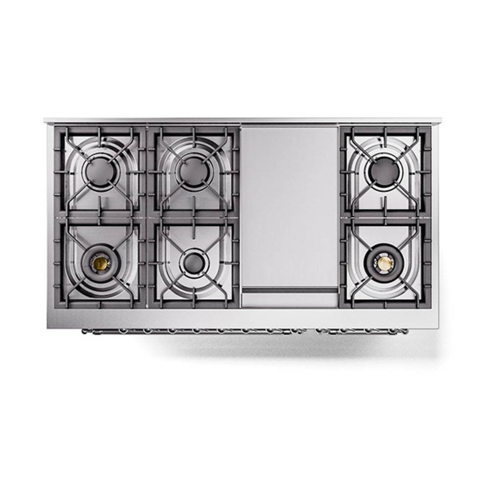 ILVE 48-Inch Nostalgie II Propane Gas Dual Fuel Range with 8 Burners, Griddle, and Solid Door Oven in Burgundy with Chrome Trim (UP48FQNMPBUCLP)