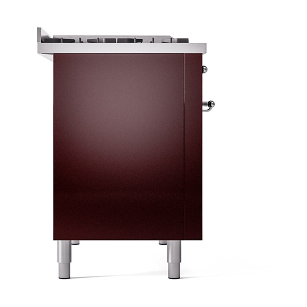 ILVE 48-Inch Nostalgie II Propane Gas Dual Fuel Range with 8 Burners, Griddle, and Solid Door Oven in Burgundy with Chrome Trim (UP48FQNMPBUCLP)