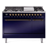 ILVE 48-Inch Nostalgie II Natural Gas Dual Fuel Range with 8 Burners, Griddle, and Solid Door Oven in Midnight Blue with Bronze Trim (UP48FQNMPMBB)