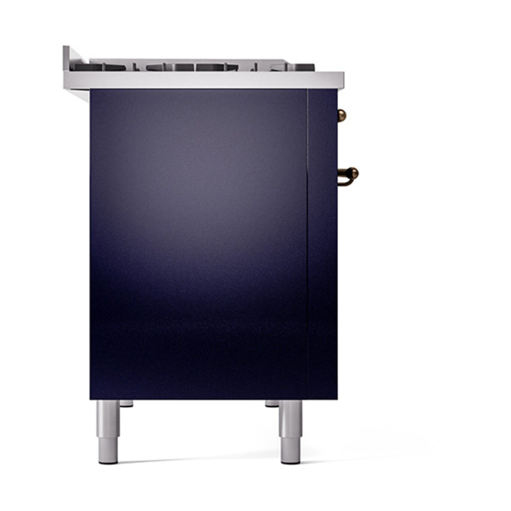 ILVE 48-Inch Nostalgie II Natural Gas Dual Fuel Range with 8 Burners, Griddle, and Solid Door Oven in Midnight Blue with Bronze Trim (UP48FQNMPMBB)