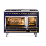 ILVE 48-Inch Nostalgie II Propane Gas Dual Fuel Range with 8 Burners, Griddle, and Solid Door Oven in Midnight Blue with Brass Trim (UP48FQNMPMBGLP)
