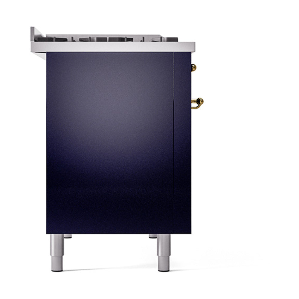 ILVE 48-Inch Nostalgie II Propane Gas Dual Fuel Range with 8 Burners, Griddle, and Solid Door Oven in Midnight Blue with Brass Trim (UP48FQNMPMBGLP)