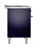 ILVE 48-Inch Nostalgie II Propane Gas Dual Fuel Range with 8 Burners, Griddle, and Solid Door Oven in Midnight Blue with Brass Trim (UP48FQNMPMBGLP)