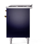 ILVE 48-Inch Nostalgie II Propane Gas Dual Fuel Range with 8 Burners, Griddle, and Solid Door Oven in Midnight Blue with Brass Trim (UP48FQNMPMBGLP)