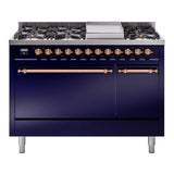 ILVE 48-Inch Nostalgie II Natural Gas Dual Fuel Range with 8 Burners, Griddle, and Solid Door Oven in Midnight Blue with Copper Trim (UP48FQNMPMBP)
