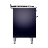 ILVE 48-Inch Nostalgie II Natural Gas Dual Fuel Range with 8 Burners, Griddle, and Solid Door Oven in Midnight Blue with Copper Trim (UP48FQNMPMBP)