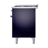 ILVE 48-Inch Nostalgie II Natural Gas Dual Fuel Range with 8 Burners, Griddle, and Solid Door Oven in Midnight Blue with Copper Trim (UP48FQNMPMBP)