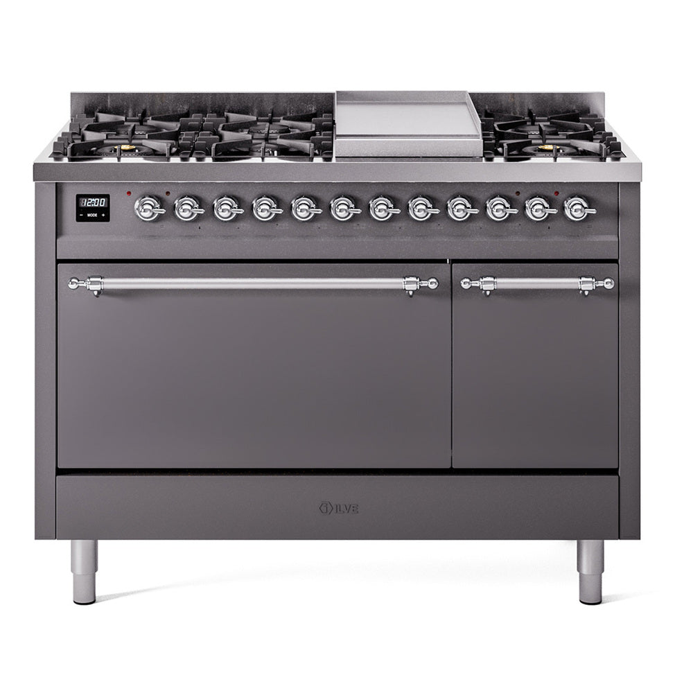 ILVE 48-Inch Nostalgie II Natural Gas Dual Fuel Range with 8 Burners, Griddle, and Solid Door Oven in Matte Graphite with Chrome Trim (UP48FQNMPMGC)