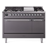 ILVE 48-Inch Nostalgie II Natural Gas Dual Fuel Range with 8 Burners, Griddle, and Solid Door Oven in Matte Graphite with Chrome Trim (UP48FQNMPMGC)