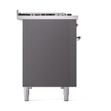 ILVE 48-Inch Nostalgie II Natural Gas Dual Fuel Range with 8 Burners, Griddle, and Solid Door Oven in Matte Graphite with Chrome Trim (UP48FQNMPMGC)