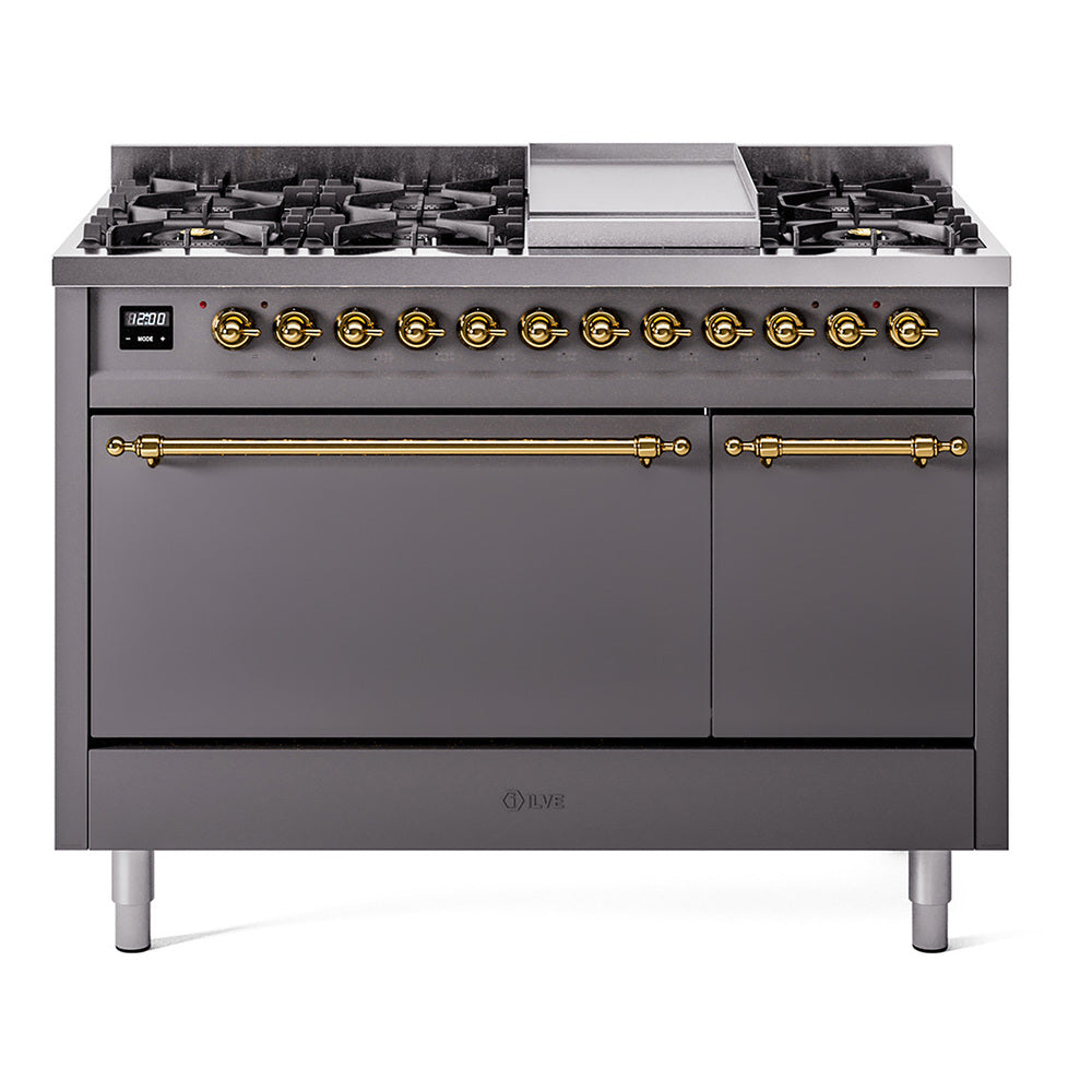 ILVE 48-Inch Nostalgie II Natural Gas Dual Fuel Range with 8 Burners, Griddle, and Solid Door Oven in Matte Graphite with Brass Trim (UP48FQNMPMGG)