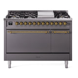 ILVE 48-Inch Nostalgie II Natural Gas Dual Fuel Range with 8 Burners, Griddle, and Solid Door Oven in Matte Graphite with Brass Trim (UP48FQNMPMGG)