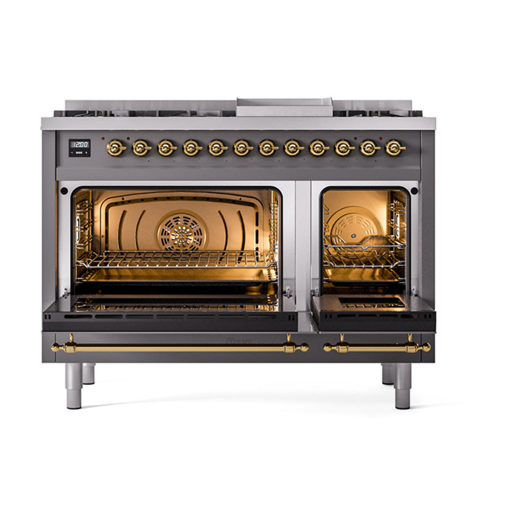 ILVE 48-Inch Nostalgie II Natural Gas Dual Fuel Range with 8 Burners, Griddle, and Solid Door Oven in Matte Graphite with Brass Trim (UP48FQNMPMGG)