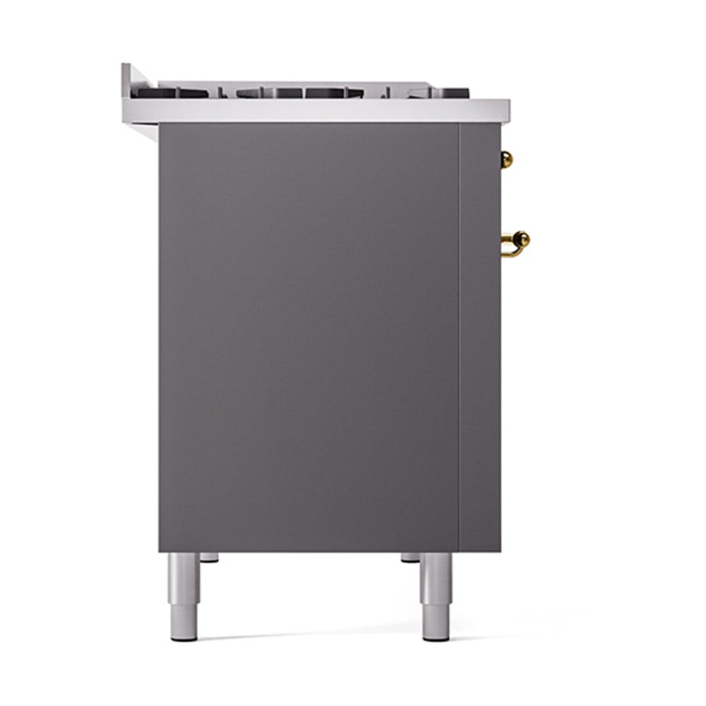 ILVE 48-Inch Nostalgie II Natural Gas Dual Fuel Range with 8 Burners, Griddle, and Solid Door Oven in Matte Graphite with Brass Trim (UP48FQNMPMGG)