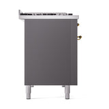 ILVE 48-Inch Nostalgie II Natural Gas Dual Fuel Range with 8 Burners, Griddle, and Solid Door Oven in Matte Graphite with Brass Trim (UP48FQNMPMGG)
