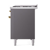 ILVE 48-Inch Nostalgie II Natural Gas Dual Fuel Range with 8 Burners, Griddle, and Solid Door Oven in Matte Graphite with Brass Trim (UP48FQNMPMGG)