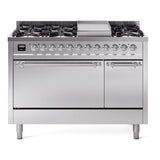 ILVE 48-Inch Nostalgie II Propane Gas Dual Fuel Range with 8 Burners, Griddle, and Solid Door Oven in Stainless Steel with Chrome Trim (UP48FQNMPSSCLP)
