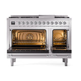 ILVE 48-Inch Nostalgie II Propane Gas Dual Fuel Range with 8 Burners, Griddle, and Solid Door Oven in Stainless Steel with Chrome Trim (UP48FQNMPSSCLP)