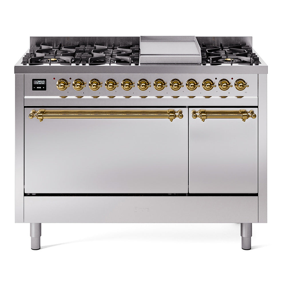 ILVE 48-Inch Nostalgie II Natural Gas Dual Fuel Range with 8 Burners, Griddle, and Solid Door Oven in Stainless Steel with Brass Trim (UP48FQNMPSSG)