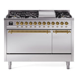 ILVE 48-Inch Nostalgie II Natural Gas Dual Fuel Range with 8 Burners, Griddle, and Solid Door Oven in Stainless Steel with Brass Trim (UP48FQNMPSSG)