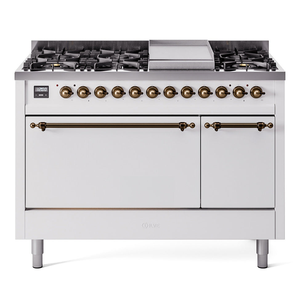 ILVE 48-Inch Nostalgie II Natural Gas Dual Fuel Range with 8 Burners, Griddle, and Solid Door Oven in White with Bronze Trim (UP48FQNMPWHB)
