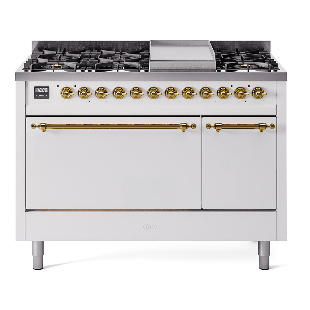 ILVE 48-Inch Nostalgie II Propane Gas Dual Fuel Range with 8 Burners, Griddle, and Solid Door Oven in White with Brass Trim (UP48FQNMPWHGLP)