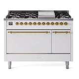 ILVE 48-Inch Nostalgie II Propane Gas Dual Fuel Range with 8 Burners, Griddle, and Solid Door Oven in White with Brass Trim (UP48FQNMPWHGLP)