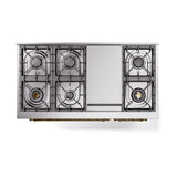 ILVE 48-Inch Nostalgie II Propane Gas Dual Fuel Range with 8 Burners, Griddle, and Solid Door Oven in White with Brass Trim (UP48FQNMPWHGLP)